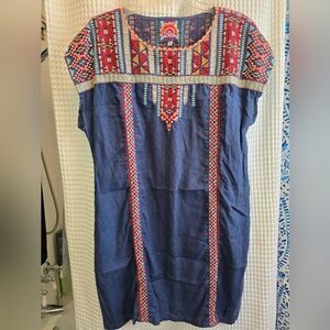 Johnny Was Navy Blue Embroidered Boho Dress with Red and Pink Accents